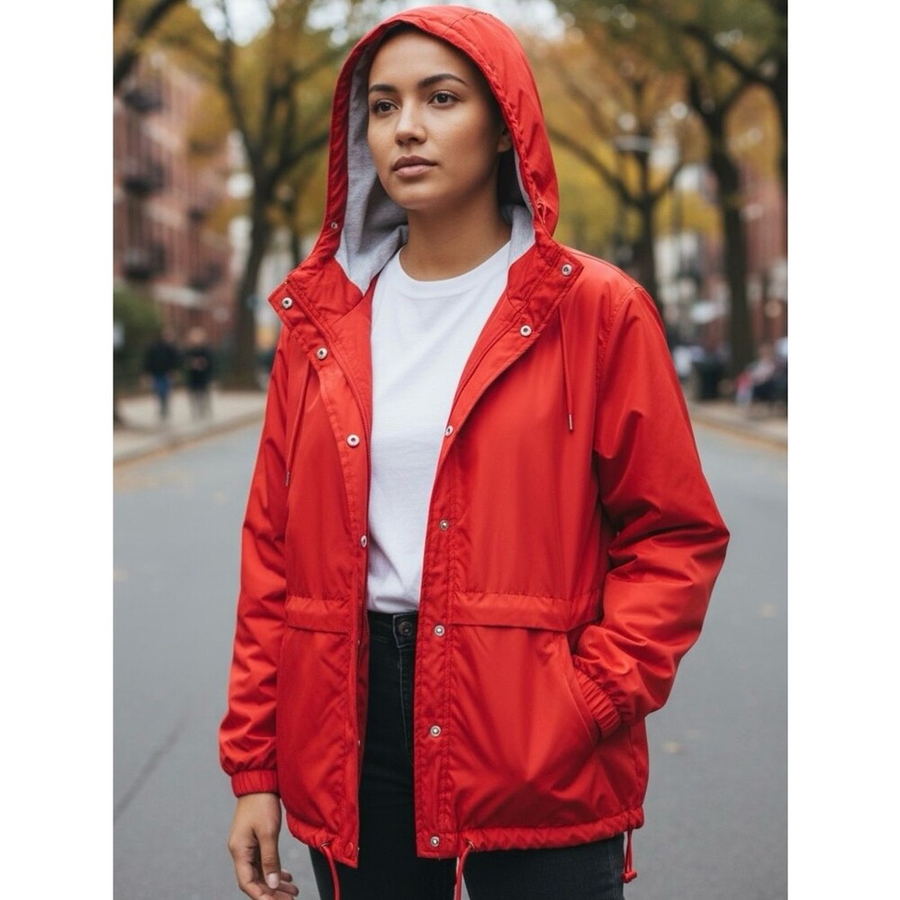 H&M Divided Red Windbreaker Jacket Utility Gorpcore Outdoor Lined Hooded SZ L